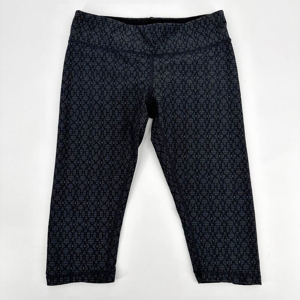 prAna Capri Leggings WMNS M Black Gray Geometric Print Yoga Wellness Athletica